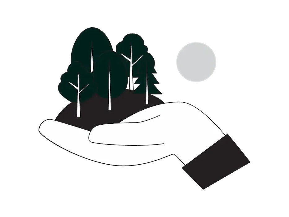 Sustenabilitatea în sănătate mintală - o mână susținând o pădure stilizată, reprezentând grijă și protecție în serviciile de psihologie.